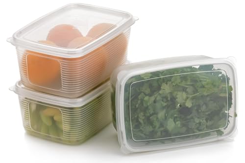 Image of 4 Fridge Storage Boxes Fridge Organizer with Removable Drain Plate and Lid Stackable Fridge Storage Containers Plastic Freezer Storage Containers for Fish, Meat, Vegetables, Fruits(1800ML)