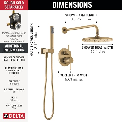 Image of Delta Modern 14 Series Round Rain Shower System Faucet Set, Rainfall Brushed Gold Shower Head and Handle Set, Valve Trim Kit, 10 Inch, Champagne Bronze T342702-CZ (Valve Not Included)