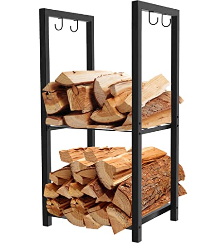 Koutemie 2 Tiers Small Firewood Log Storage Rack Holder for Indoor Fireplace or Outdoor Patio, Black