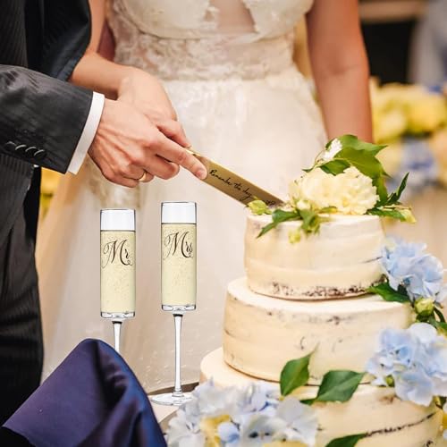 Yeegook Mr and Mrs Champagne Flutes, Bride and Groom Champagne Glasses, Wedding Glasses with Cake Cutting Set, Bridal Shower Gifts, Unique Wedding Gift Engagement Gifts for Couples — view 2