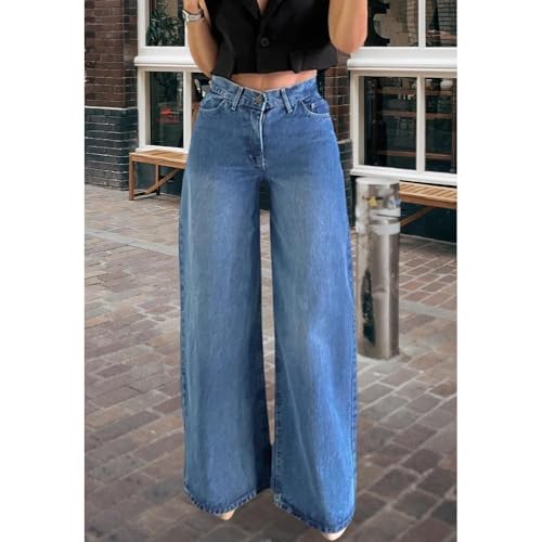 Image of Women's Straight Leg Jeans High Waisted Wide Leg Stretchy Baggy Denim Pants