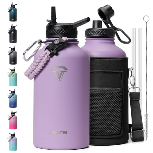 64 oz Insulated Water Bottle,Half Gallon Water Flask Stainless Steel Vacuum, Cold for 48 Hrs,BPA-Free & Leakproof -with Paracord Handle, Strap,Straw Spout Lids,Large Jug for Gym,Purple