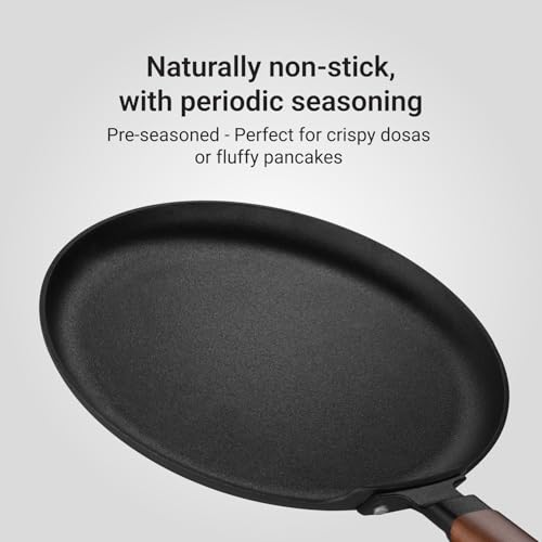 Image of Stahl Blacksmith Signature 28cm Dosa Tawa | Flat Cast Iron Pan for Dosas, Pancakes, Chilas, and More | Pre-Seasoned, Induction & Gas Compatible | Acacia Wood Handle