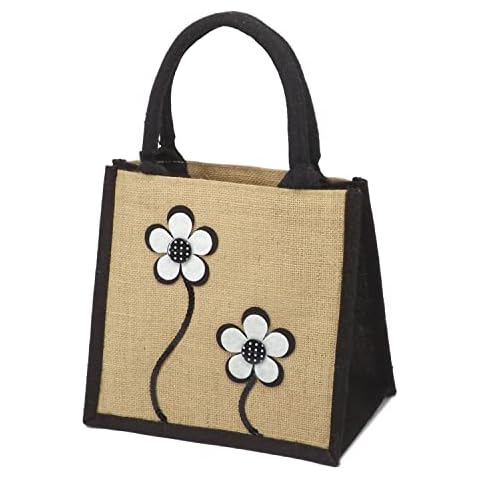 Jute Hessian Lunch Gift Bag - Flower Design - Black Cover