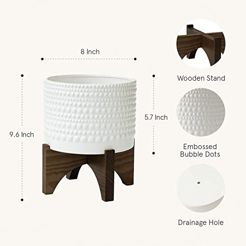 La Jolie Muse Ceramic Planter With Wood Stand - 8 Inch White Cylinder Embossed Hobnail Patterned Flower Plant Pot Indoor #TOP1