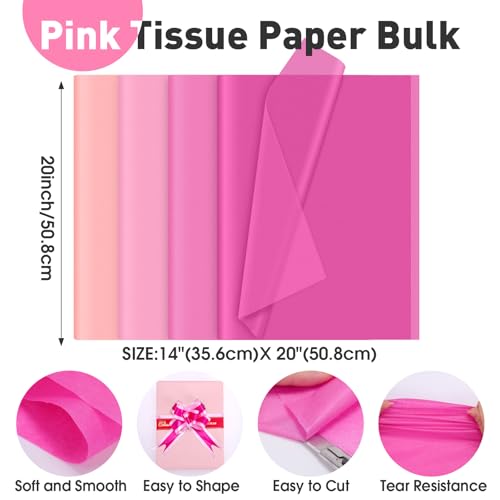 Image of TUXIYA 200 Pcs Pink Tissue Paper for Gift Bags,14 inchX20 inch Tissue Paper Bulk