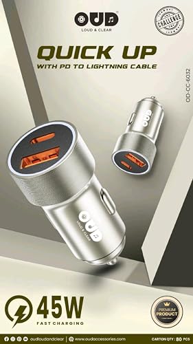 Image of Oud Quick Up 45W Power Output Car Charger with 20W PD to iPhone Cable, Silver