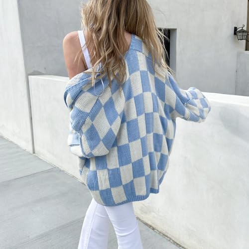 Image of Womens Checkered Cardigan Sweater Loose Long Sleeve Open Front Sweater Knit Coat Casual Oversized Plaid Cardigan Tops