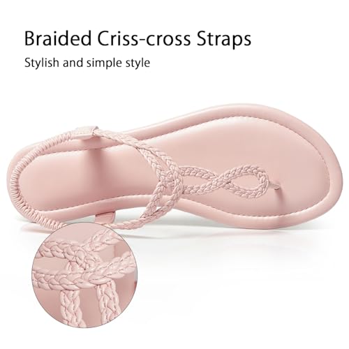 Image of iCKER Womens Braided T‑Strap Flat Sandals Elastic Stretch Ankle Strap | Boho cute casual lightweight and comfort matches dresses for beach vacation