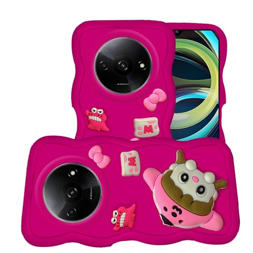 Image of AESTMO Back Case Cover for Redmi A3 | 3D Cute Fun Cartoon Characters | Anti Slip Grip Cute Wave Curly Frame Shape | Full Body Protection Back Cover for Redmi A3 |(Pink)