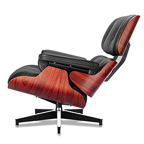 Image of Top Black Grain Leather, Mid Century Chaise Lounge Chair and Ottoman, Modern Chair Classic Design, Red Rosewood, Heavy Duty Base Support for Living Room Office