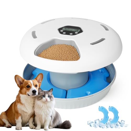 Futterautomat Katze Nassfutter Katzenfutter Automat mit Kühlung, Nassfutterautomat für Katzen Kabellos, 6 Mahlzeiten Katze Hund, 2 Kühlakkus, Automatischer Futterspender Hund mit Akku Timer