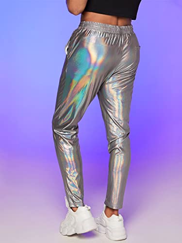 WDIRARA Men's Metallic Drawstring Waist Holographic Party Club Pants with Pockets2