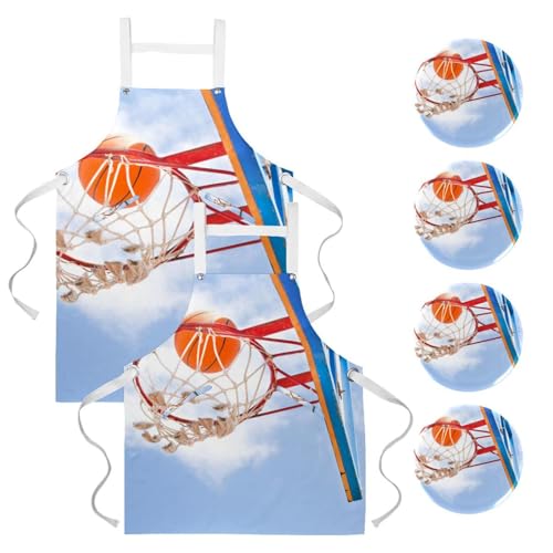 Lot de 2 tabliers de cuisine avec 4 poches grand format motif basket-ball multicolore