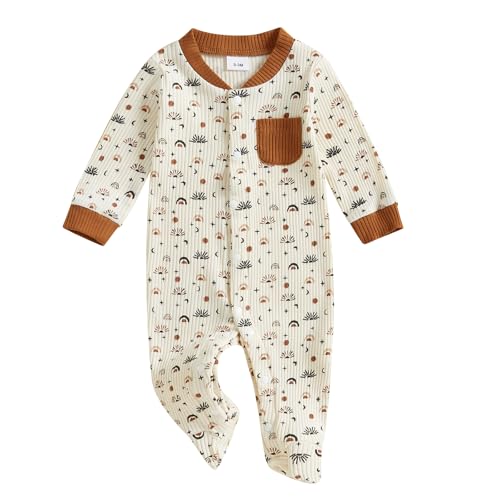 Image of Ursobutegl Newborn Baby Boy Girl Clothes Color Block Footies Romper Bodysuit Jumpsuit Button Footed Coming Home Outfits