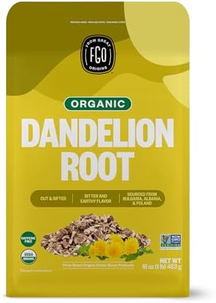 FGO Organic Dandelion Root Loose Tea, Cut and Sifted, Caffeine Free, 16oz Bulk Resealable Bag, Packaging May Vary (Pack of 1)