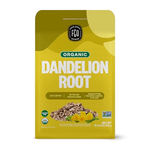 FGO Organic Dandelion Root Loose Tea, Cut and Sifted, Caffeine Free, 16oz Bulk Resealable Bag, Packaging May Vary (Pack of 1)