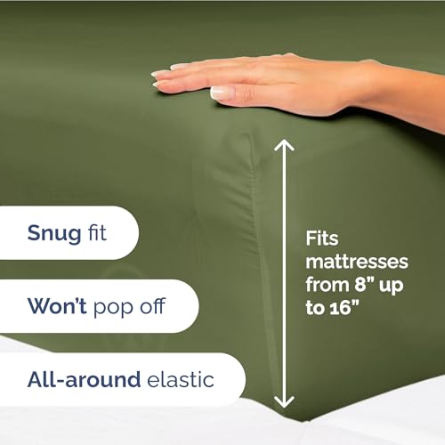Image of Full Size 4 Piece Sheet Set - Ultra Soft & Cooling Bed Sheets - Deep Olive | Fits 8 Inch to 16 inch Mattress, Wrinkle Free & Fade Resistant with Deep Pockets, Breathable, Comfy Hotel Luxury Bedding