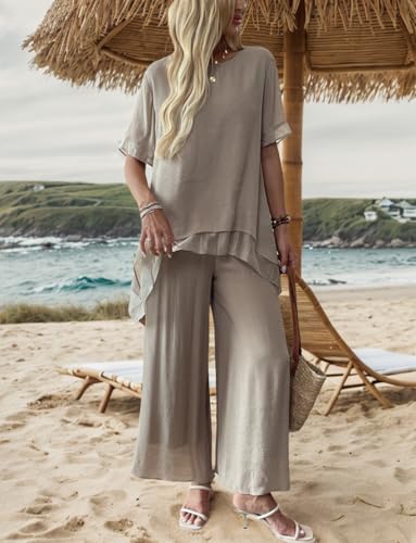 Women's 2 Piece Outfits Flowy Ruffle Tops Palazzo Pants Suits Elegant Casual Dressy Two Piece Linen Sets2