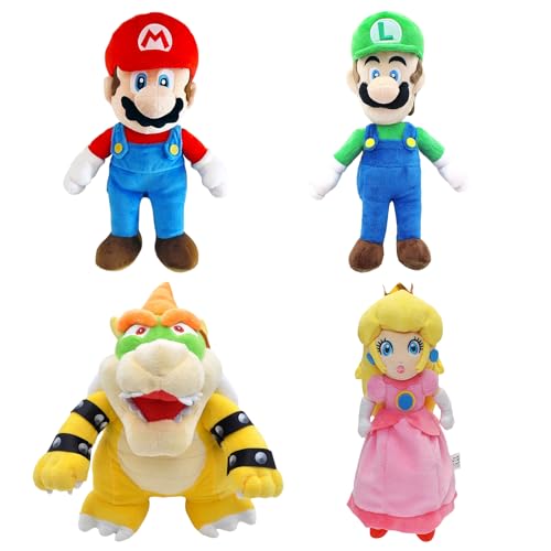 Qabfwe Mario All Star Collection Plushies, Mario and Bowser Stuffed Plush Toys, Princess Peach Plush Toys, Set of 4 Plushies Doll 9.8