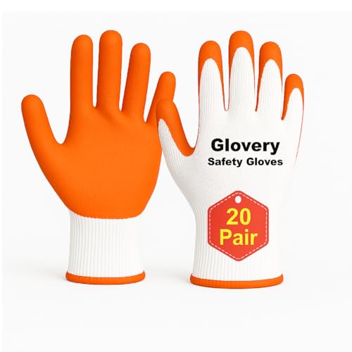 Image of Nylon Safety Work Gloves with Nitrile Coating - Industrial-Grade Protection for Cleaning, Warehouse, Mechanics, Construction - Durable, Flexible, Non-Slip Grip (White & Orange, 20 Pair)