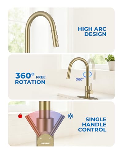Image of WEWE Kitchen Faucet with Pull Down Sprayer, Gold SUS304 Stainless Steel Kitchen Sink Faucets, High Arc Single Handle Faucet for Kitchen Sink, Commercial Modern Farmhouse RV Utility Faucet