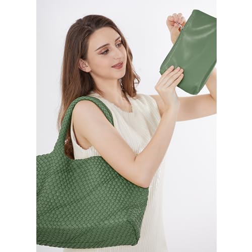 Image of Woven Tote Bag Womens Purse Vegan Leather Shoulder Handbags Fashion Summer Beach Tote Bags Large Travel Totes