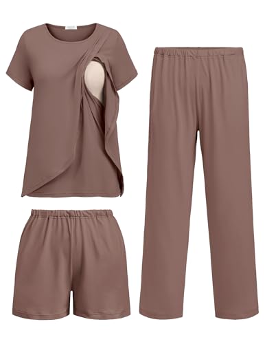 Image of Ekouaer 3 PCS Maternity Nursing Pajamas Set Postpartum Breastfeeding Short Sleeve Shirts, Pregnancy Shorts & Pants Pjs S-XXL