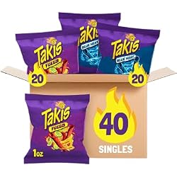 1 of Takis 40 pc / 1 oz Assorted Pack - Fuego & Blue Heat Flavored Rolled Tortilla Chips - (20) Fuego, (20) Blue Heat - Perfect for Tailgates, Parties, or the Office