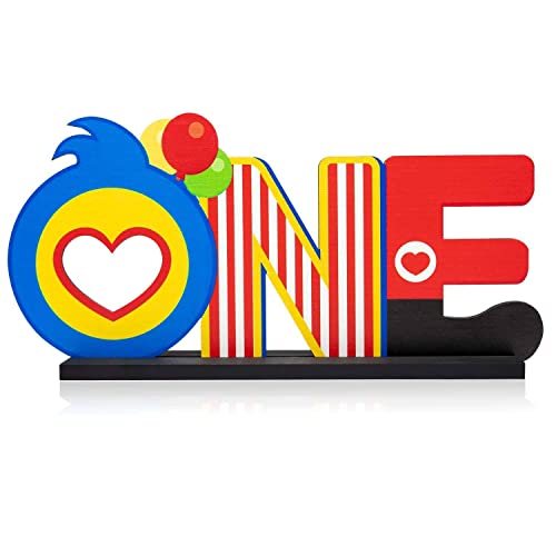 C1krint Plim Plim ONE Letter Sign Wood Table Centerpiece - 1Pcs Circus Clown Plim Plim Theme First Birthday Party Decoration Supply for One Year Old Baby Shower 1st Birthday Table Ornament Photo Props