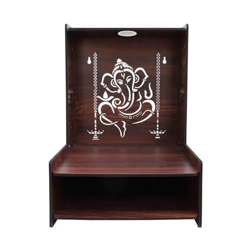 Image of Olive Tree Ethnic Wooden Pooja Mandir for Home Handcrafted Puja Stand | Wall Mounted with LED Spot Light | Mandapam, Pooja Ghar, Temple Office Decor - Walnut Size 12X12X16 Inch 1004