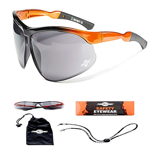 ToolFreak Agent Work and Sport Safety Sunglasses, Wraparound Smoke Tinted Lenses with UV & Impact Protection, EN166 Rated, Distortion Free, Fog and Scratch Reduction, Neck Cord and Pouch