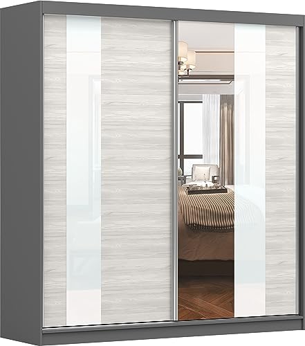 Fabryka Mebli Idźczak Kleiderschrank mit Spiegel, Schiebetüren - Schwebetürenschrank, Schlafzimmerschrank - ‎61 x 203 x 218 cm - Schrank für Schlafzimmer, Ankleidezimmer, Garderobe - Grau, Creme