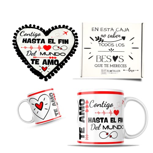 Regalo Aniversario Pareja - Regalo para Novios - Regalos Aniversario Boda - Regalos Pareja - Detalle San Valentin - Enamorados Feliz Aniversario (Regalo Aniversario COJIN Corazon Y Taza)