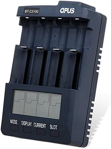 Ocamo OPUS BT-C3100 LCD Panel Display Li-ion Battery Charger with 4 Individual Slots, 4 Modes(Charge, Discharge, Refresh, and Test) and Over-heating Protector + Ameraican Plug Adapter