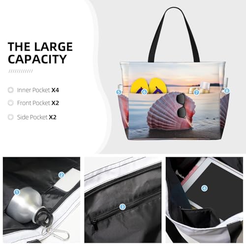 seashells on the beach Print Large Capacity Foldable Washable Zipper Beach Travel Tote Bag ShoppingBag3