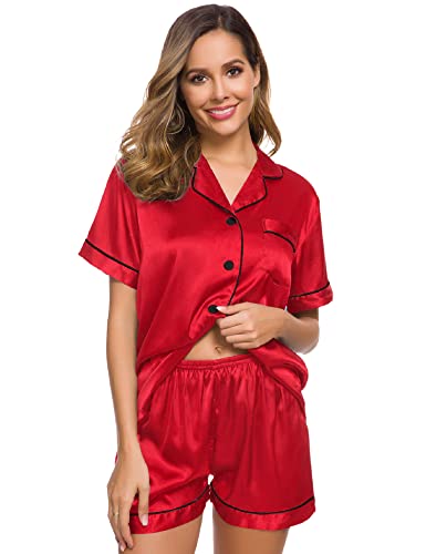 Image of SWOMOG Womens Silk Satin Pajamas Set Short Sleeve Sleepwear Button Down Top and Shorts Loungewear 2 Piece Pjs Set XS-3XL