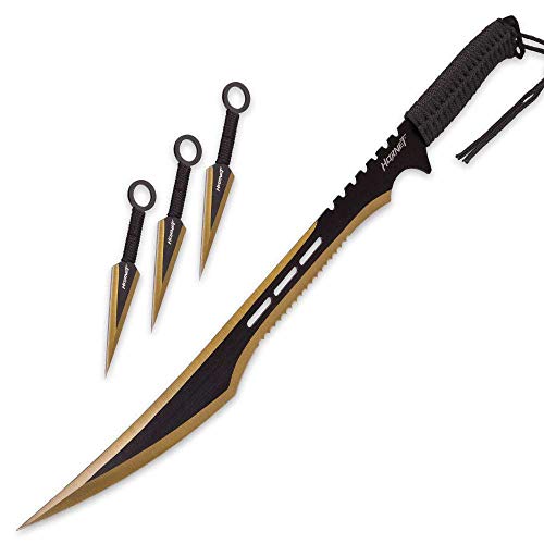 Golden Hornet Sword and Stinger Kunai Set – includes Sword and Three Kunai, Black and Gold Color Scheme, One-Piece Stainless Steel Construction, Nylon Shoulder Sheath – Perfect for Aspiring Warriors