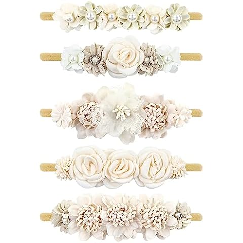 Cinaci 5 Pieces Super Stretchy Soft Baby Girl Nylon Flower Headbands Baptism Christening Floral Tiaras Crowns Hairbands Hair Accessories for Newborns Infants Toddlers Girls Kids Cover