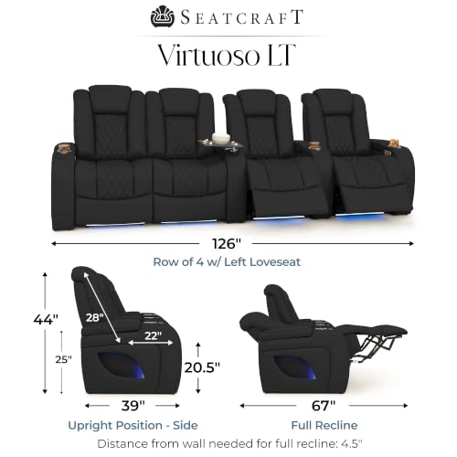 Image of Seatcraft Virtuoso LT Black Italian Leather Home Theater Seating, Zero Gravity Power Recliner, Heat and Massage, Powered Headrest and Lumbar Gaming and Home Office Chair, Row of 4 Left Loveseat