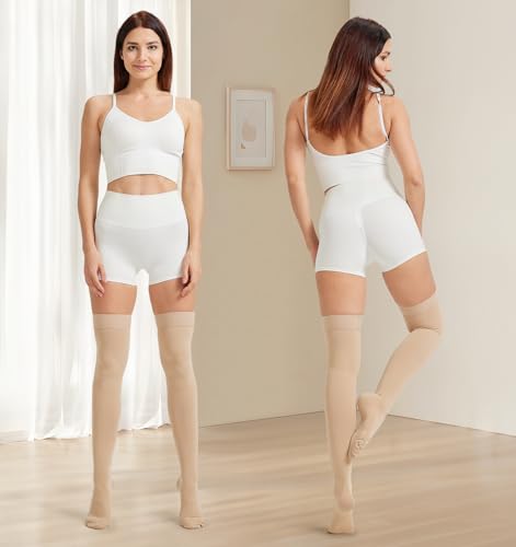 Image of NURCOM 20-30 mmHg Medical Compression Stockings for Women and Men, Closed Toe Thigh High Compression Socks with Dot Silicone Band, Graduated Support Stockings for Varicose Veins, DVT, Post-Surgery