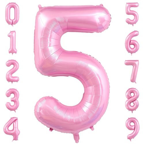 Image of Pastel Pink 5 Balloon Number,40 Inch Light Pink 5 Balloons Large Helium Foil Mylar Number 5 Balloon for Birthday Party Anniversary Decorations