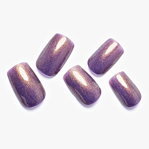 Press On Nails Short Medium GLAMERMAID, Solid Purple Square Fake Nails with Design Luxury Glitter Stick Glue on Nails for Women Reusable False Nail, 48Pcs Adhesive Tabs Nail File, Cuticle Stick