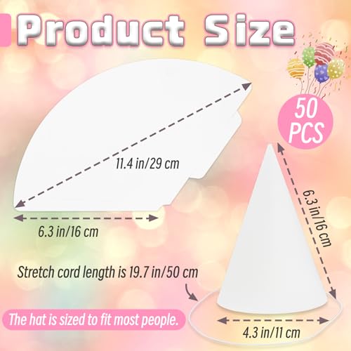 image for Woozettn 50 Pack White Paper Party Hats for Kids Birthday,White Cone H