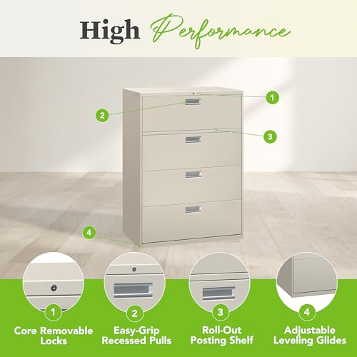 Image of HON 4 Drawer Lateral File Cabinet with Lock, Metal Filing Cabinets for Offices, Adjustable Hangrails for A4, Legal, Letter Files, 18 inch Deep, Light Gray