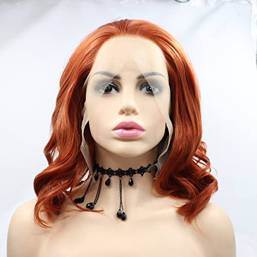 Xiweiya 350# Auburn Red Lace Front Wig Natural Wavy Synthetic Copper Red 13x4 Lace Front Wigs Glueless Soft Wig Heat Resistant Wigs 180% Density Hair for Women 14inch