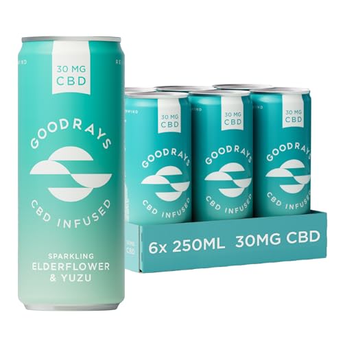 Goodrays - 30mg CBD Drink - 6 x 250ml Cans - Elderflower & Yuzu - Natural Flavours, Low Calorie, Vegan - High Strength (30mg/can), All Natural - Reduce Stress & Unwind