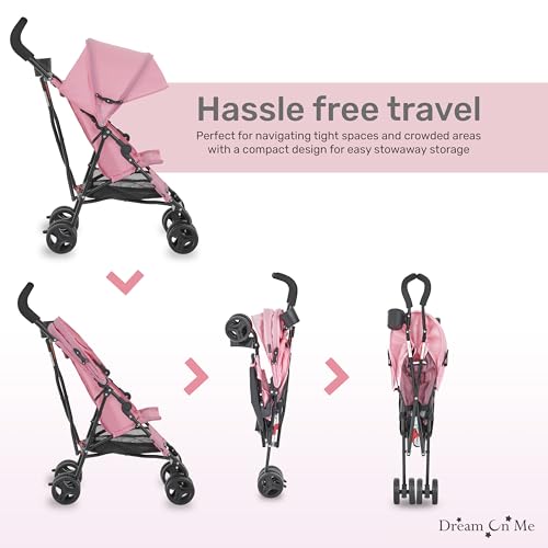 Dream On Me Rover Convenience Baby Stroller in Pink, Lightweight & Compact Umbrella Stroller, Easy one-Hand fold Travel Stroller, Lockable Rear Wheels, Removable & Adjustable Canopy - Image 6