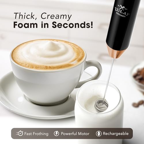 Image of Zulay Kitchen Rechargeable Milk Frother Handheld - Frother Wand, Drink Mixer, Electric Whisk Frother, for Cappuccinos, Matcha & Protein Powder - Lux 4 Whisk 2 Speed Waterproof 2000mAh Black Copper