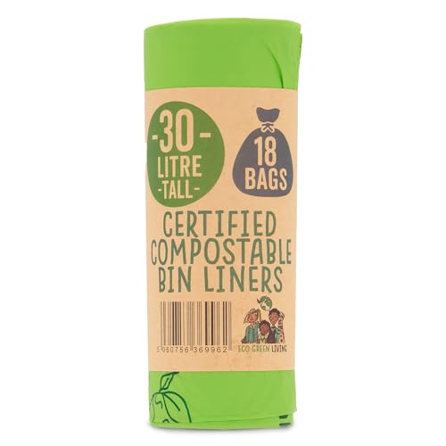 Eco Green Living Plastic Free, Strong and Leak Proof Refuse Sacks, Medium Bin Bags for Food Waste and Kitchen Bin, Tie Handle Garbage Bags, 72 Bags, 7.93 Gallons